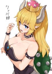 Rule 34 | 1girl, absurdres, arm under breasts, bare shoulders, black dress, black nails, blonde hair, blue eyes, blush, bowsette, bracelet, breasts, cleavage, collar, collarbone, commentary request, crown, dress, fingernails, hair between eyes, highres, horns, jewelry, large breasts, long hair, looking at viewer, mario (series), mini crown, nail polish, new super mario bros. u deluxe, nintendo, open mouth, ponytail, racchi., sharp teeth, simple background, solo, spiked bracelet, spiked collar, spiked shell, spikes, strapless, strapless dress, super crown, teeth, translated, turtle shell, v-shaped eyebrows, white background