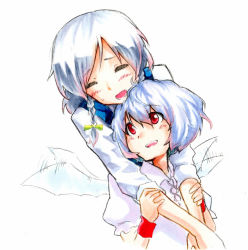 Rule 34 | 2girls, bad id, bad pixiv id, blush, closed eyes, colored pencil (medium), flapping, graphite (medium), holding another&#039;s arm, hug, hug from behind, izayoi sakuya, long sleeves, looking at another, looking back, marker (medium), motion lines, multiple girls, no headwear, open mouth, red eyes, remilia scarlet, shiratama (hockey), silver hair, simple background, sleeves pushed up, touhou, traditional media, upper body, white background, wings, wrist cuffs