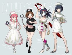 Rule 34 | 4girls, :d, alternate costume, apron, ariorihaberi, arm up, bandaged leg, bandages, black footwear, black hair, black headwear, black skirt, blue eyes, blunt bangs, blunt ends, bob cut, bomb, breasts, brown eyes, brown hair, catch me if you can, closed mouth, collared dress, collared shirt, commentary request, cosplay, cropped shirt, dated, dress, english text, explosive, expressionless, eyepatch, female focus, flats, full body, gloves, green background, hand on own hip, hat, high heels, holding, jakuzure nonon, kill la kill, kiryuuin satsuki, light frown, lineup, long dress, looking at another, looking at viewer, low twintails, mankanshoku mako, mary janes, mask, matoi ryuuko, medium breasts, medium hair, megaphone, microdress, microskirt, midriff, mouth mask, multicolored hair, multiple girls, navel, no legwear, nudist beach uniform, nurse cap, open mouth, pantyhose, parted lips, pencil skirt, pink eyes, pink hair, pink headwear, pliers, ponytail, scissor blade (kill la kill), shirt, shoes, short dress, short hair, short sleeves, siblings, sisters, skirt, skull and crossbones, skullgirls, smile, standing, standing on one leg, streaked hair, striped clothes, striped dress, striped headwear, text background, twintails, twitter username, valentine (skullgirls), valentine (skullgirls) (cosplay), vertical stripes, white apron, white dress, white footwear, white gloves, white headwear, white legwear