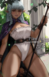Rule 34 | 1girl, blush, braid, branch, breasts, bug, butterfly, cleavage, cloak, commentary, dark-skinned female, dark elf, dark skin, elf, english commentary, eyelashes, highleg, highleg leotard, highres, holding, holding staff, insect, kneeling, leaf, leotard, light particles, long hair, looking at viewer, medium breasts, outdoors, patreon username, petals, pillar, pink lips, pointy ears, purple cloak, red eyes, rosalinde (unicorn overlord), sidelighting, signature, smile, solo, staff, strapless, unicorn overlord, very long hair, wei (promise 0820), white leotard