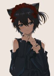Rule 34 | 1girl, absurdres, animal ear fluff, animal ears, black dress, black eyes, black hair, brown background, closed mouth, collarbone, commentary request, dress, hair between eyes, hair ornament, hairclip, hands up, highres, jewelry, kgt (pixiv12957613), long sleeves, looking at viewer, off-shoulder dress, off shoulder, one side up, original, ring, short hair, simple background, sleeves past wrists, smile, upper body