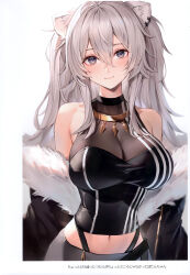Rule 34 | 1girl, absurdres, animal ears, bare shoulders, breasts, closed mouth, fur trim, grey eyes, grey hair, highres, hololive, large breasts, long hair, looking at viewer, midriff, off shoulder, scan, shishiro botan, simple background, upper body, virtual youtuber, watao, white background