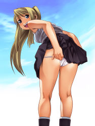 Rule 34 | 1girl, ass, bakuhatsu bros., bare arms, bare shoulders, black skirt, blonde hair, blue eyes, blush, boots, breasts, clothes lift, cloud, earrings, floating hair, from behind, fullmetal alchemist, happy, high ponytail, highres, jewelry, leaning forward, legs, long hair, looking back, open mouth, outdoors, panties, panty pull, ponytail, sidelocks, skirt, skirt lift, sky, sleeveless, small breasts, smile, solo, thighs, underwear, undressing, white panties, winry rockbell