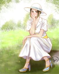 Rule 34 | 1girl, anyumii136, belt, brown eyes, commentary, dress, grass, hand on own cheek, hand on own face, hat, high heels, highres, makino (one piece), one piece, signature, sitting, solo, tree, white dress, white hat