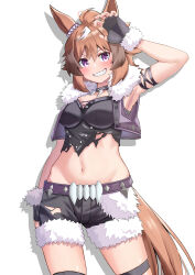 Rule 34 | 1girl, absurdres, animal ears, arm strap, arm up, armpits, black gloves, black shirt, black shorts, blush, breasts, brown hair, cleavage, commentary request, cowboy shot, crop top, drop shadow, ear ornament, fingerless gloves, fur-trimmed gloves, fur-trimmed shorts, fur-trimmed vest, fur trim, gloves, grin, groin, hair between eyes, highres, horse ears, horse girl, horse tail, large breasts, looking at viewer, midriff, multicolored hair, navel, olecafe2, open clothes, open vest, purple eyes, purple vest, shadow, sharp teeth, shinko windy (umamusume), shirt, short hair, short shorts, shorts, sidelocks, simple background, skindentation, sleeveless, sleeveless shirt, smile, solo, standing, tail, teeth, thigh strap, torn clothes, torn shirt, umamusume, vest, white background, white hair