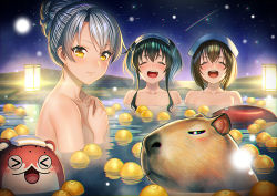Rule 34 | &gt; &lt;, 3girls, :d, ^ ^, animal, bath, bathing, black hair, blush, bokukawauso, breasts, brown hair, capybara, closed eyes, closed mouth, collarbone, commentary request, completely nude, covering privates, enemy lifebuoy (kancolle), fang, food, fruit, gradient hair, kantai collection, lantern, looking at viewer, moon, multicolored hair, multiple girls, night, night sky, nude, onsen, open mouth, outdoors, partially submerged, rock, sagiri (kancolle), shooting star, short hair, short hair with long locks, silver hair, sky, smile, star (sky), starry sky, steam, tokitsukaze (kancolle), towel, towel on head, unowen, upper body, water, water drop, wet, white towel, yellow eyes, yukikaze (kancolle), yuzu (fruit)