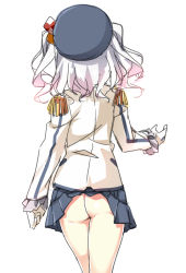 Rule 34 | 10s, 1girl, ass, back, bare legs, beret, blue skirt, breasts, cowboy shot, epaulettes, female focus, frilled sleeves, frills, gloves, hat, hatsunatsu, kantai collection, kashima (kancolle), legs, long sleeves, miniskirt, no panties, pleated skirt, short hair, silver hair, simple background, skirt, solo, standing, twintails, two side up, uniform, upskirt, walking, wardrobe malfunction, white background, white gloves