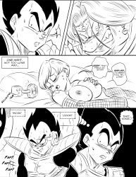 Rule 34 | 1girl, 2boys, absurdres, armor, breasts, broken armor, bulma, clenched teeth, comic, commentary, dragon ball, dragonball z, earrings, english commentary, english text, female masturbation, funsexydb, grabbing own breast, greyscale, heavy breathing, highres, implied masturbation, jewelry, large breasts, male masturbation, masturbation, monochrome, multiple boys, nipples, open clothes, open shirt, scouter, short hair, shoulder armor, surprised, teeth, thought bubble, vegeta, widow&#039;s peak, zarbon