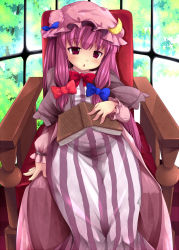 Rule 34 | 1girl, :&lt;, armchair, bad id, bad pixiv id, book, bow, bowtie, chair, colored eyelashes, crescent, crescent moon, eyelashes, female focus, fingernails, hair bow, hat, kuro minamo, long hair, moon, open book, patchouli knowledge, purple eyes, purple hair, red eyes, robe, sitting, solo, striped, touhou, window