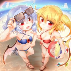 Rule 34 | 2girls, :d, ahoge, arm up, ball, bare arms, bare shoulders, bat wings, beach, beachball, bikini, blonde hair, blue bikini, blue hair, blue sky, blush, breasts, cleavage, closed mouth, cloud, collarbone, commentary request, criss-cross halter, crystal, day, eyes visible through hair, eyewear on head, unworn eyewear, fang, fang out, flandre scarlet, flat chest, foreshortening, from above, full body, hair between eyes, halterneck, hand on own hip, highres, holding, holding ball, holding beachball, holding removed eyewear, horizon, long hair, looking at viewer, low wings, marukyuu ameya, medium hair, multiple girls, nail polish, navel, ocean, open mouth, outdoors, pink nails, pink wings, red bikini, red eyes, remilia scarlet, sand, sandals, see-through, shade, siblings, side-tie bikini bottom, side ponytail, sidelocks, sisters, sky, slit pupils, small breasts, smile, sparkle, standing, star (symbol), stomach, summer, swimsuit, touhou, wings