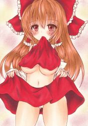 Rule 34 | 1girl, absurdres, blush, bow, breasts, brown hair, cameltoe, clothes in mouth, clothes lift, gluteal fold, hair bow, hair tubes, hakurei reimu, highres, large breasts, long hair, looking at viewer, mouth hold, navel, no bra, panties, red eyes, shirt in mouth, shirt lift, skirt, skirt lift, solo, standing, touhou, traditional media, underboob, underwear, waitan1729, white panties