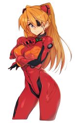 Rule 34 | 1girl, absurdres, alternate breast size, blue eyes, bodysuit, breasts, covered erect nipples, cowboy shot, curvy, evangelion: 3.0 you can (not) redo, eyepatch, hair ornament, highres, long hair, looking at viewer, medium breasts, multicolored bodysuit, multicolored clothes, neon genesis evangelion, orange bodysuit, orange hair, plugsuit, rebuild of evangelion, red bodysuit, shiny clothes, simple background, slugbox, solo, souryuu asuka langley, twintails, white background