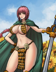 Rule 34 | 1girl, armor, bare legs, bikini armor, braid, breasts, cape, curvy, field, flower, flower field, gladiator, hand on own hip, holding, holding sword, holding weapon, kyopink, large breasts, lips, long hair, looking at viewer, navel, one piece, pelvic curtain, pink hair, rebecca (one piece), revealing clothes, shiny skin, single braid, sky, smile, standing, sunflower, sword, thighs, underboob, weapon, wide hips