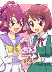 Rule 34 | 2girls, :d, aida mana, border, bow, bowtie, brown hair, color connection, commentary request, dokidoki! precure, dress, flipped hair, flower, green dress, hair between eyes, hair flower, hair ornament, hairclip, half updo, hanadera nodoka, happy, healin&#039; good precure, highres, looking at animal, looking at another, medium hair, mofuko, multiple girls, neck ribbon, oogai daiichi middle school uniform, open mouth, outline, outside border, pinafore dress, pink background, pink bow, pink eyes, pink hair, pink ribbon, pink theme, pleated dress, precure, purple sailor collar, rabbit, rabirin (precure), ribbon, sailor collar, school uniform, sharuru (dokidoki! precure), shirt, simple background, sleeveless dress, smile, sukoyaka middle school uniform, trait connection, upper body, white border, white outline, white shirt, yellow bow, yellow bowtie