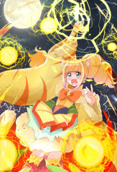 Rule 34 | 1girl, angry, animal ears, arm up, blonde hair, bow, brooch, brown thighhighs, bubble skirt, cat ears, choker, cowboy shot, cure sparkle, cure sparkle (partner form), earrings, extra ears, fingernails, full moon, green eyes, hair ornament, healin&#039; good precure, heart, heart hair ornament, highres, hiramitsu hinata, jewelry, layered skirt, lightning, looking at viewer, magical girl, medium hair, mitumi mira, moon, nail polish, open mouth, orange bow, orange choker, partner form, precure, skirt, solo, standing, thighhighs, twintails, yellow nails