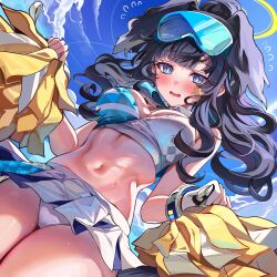 Rule 34 | 1girl, absurdres, animal ears, bare shoulders, black hair, blue archive, blue eyes, blush, breasts, cheerleader, day, dog ears, gloves, halo, hibiki (blue archive), hibiki (cheer squad) (blue archive), highres, holding, holding pom poms, large breasts, long hair, looking at viewer, navel, official alternate costume, panties, parted lips, pleated skirt, pom pom (cheerleading), pom poms, sak (lemondisk), single glove, skirt, solo, stomach, underwear, white gloves, white panties, yellow halo