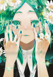 Rule 34 | 1other, absurdres, androgynous, colored eyelashes, crystal hair, daisy, flower, flower ring, gem uniform (houseki no kuni), green eyes, green hair, highres, houseki no kuni, looking at viewer, necktie, phosphophyllite, short hair, smile, solo, sparkle, upper body