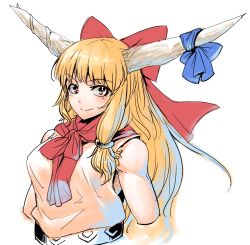 Rule 34 | 1girl, aged up, alternate breast size, anchors (mono eye os), bare shoulders, blue ribbon, bow, breasts, bright pupils, closed mouth, cropped arms, cropped torso, eyebrows, facing away, food, fruit, hair bow, hair over shoulder, highres, horn ornament, horn ribbon, horns, ibuki suika, large breasts, long hair, oekaki, oni, oni horns, orange hair, red bow, red eyes, ribbon, shirt, sleeveless, sleeveless shirt, smile, solo, touhou, upper body, white pupils, white shirt