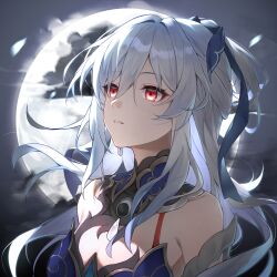 Rule 34 | 1girl, bare shoulders, blue hairband, breasts, chinese clothes, commentary, detached sleeves, earrings, full moon, hair between eyes, hairband, highres, honkai: star rail, honkai (series), jewelry, jingliu (honkai: star rail), lizhilv, long hair, medium breasts, moon, parted lips, red eyes, solo, symbol-only commentary, upper body, white hair