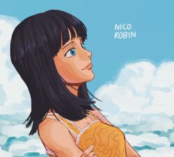 Rule 34 | 1girl, bad id, bad twitter id, black hair, blue eyes, blunt bangs, chacha (op chacha ), cloud, commentary request, korean commentary, medium hair, nico robin, one piece, profile, shirt, sky, sleeveless, sleeveless shirt, smile, solo, yellow shirt