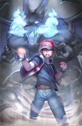 Rule 34 | baseball cap, blue fire, charizard, creatures (company), fire, flame-tipped tail, game freak, gen 1 pokemon, glowing, glowing eyes, hat, lost-tyrant, mega charizard x, mega pokemon, nintendo, poke ball, poke ball (basic), pokemon, pokemon (creature), red (pokemon), red eyes, wings