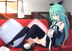 Rule 34 | 10s, 1girl, bad id, bad pixiv id, bare shoulders, black ribbon, black skirt, black thighhighs, blue neckerchief, blush, breasts, couch, cushion, detached sleeves, failure penguin, feet, from side, full body, hair between eyes, hair ornament, hair ribbon, hairclip, highres, indoors, kantai collection, lens flare, long hair, looking at viewer, miss cloud, neckerchief, no shoes, parted bangs, pleated skirt, ponytail, restroom, ribbon, school uniform, sidelocks, sitting, skirt, small breasts, solo, stuffed toy, thighhighs, toes, window, wooden wall, yamakaze (kancolle), yuuki kazuhito, zettai ryouiki