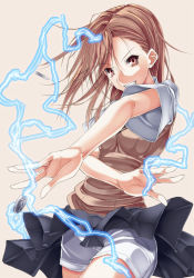 Rule 34 | 00s, 1girl, bad id, bad pixiv id, brown eyes, brown hair, coin, doatobira, electricity, electrokinesis, grin, hair ornament, hairpin, misaka mikoto, school uniform, shorts, skirt, smile, solo, toaru majutsu no index, wind, wind lift
