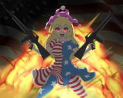 Rule 34 | &#039;murica, 1girl, aged up, american flag, american flag dress, american flag legwear, assault rifle, blonde hair, breasts, clownpiece, commentary, dress, explosion, glowing, glowing eyes, gun, hat, jester cap, large breasts, long hair, looking at viewer, neck ruff, pantyhose, polka dot, red eyes, rifle, short sleeves, sinensian, smile, solo, star (symbol), star print, striped, touhou, weapon