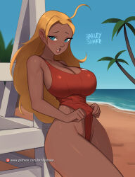 Rule 34 | 1girl, against fence, ahoge, barleyshake, beach, big hair, blonde hair, blue eyes, blue sky, breasts, brown lips, cleavage, clothes pull, collarbone, dark-skinned female, dark skin, day, eyelashes, fence, highleg, highleg swimsuit, highres, huge ahoge, large breasts, lifeguard, lifeguard (lilo &amp; stitch), lilo &amp; stitch, long hair, looking at viewer, nose, ocean, one-piece swimsuit, one-piece swimsuit pull, palm tree, pulled by self, red one-piece swimsuit, sand, shiny skin, sideboob, sky, solo, swimsuit, thick thighs, thighs, tree