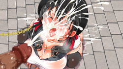 Rule 34 | 1girl, aomizuan, black hair, black thighhighs, blush, breasts, censored, chain, cleavage, closed eyes, cum, cum on hair, ejaculation, embarrassed, facial, floor, from above, full-face blush, highres, huge breasts, jewelry, kotosanomaa, long hair, lucky dosukebe! kouhen, mosaic censoring, necklace, open mouth, original, outdoors, penis, saliva, slave, solo focus, squatting, thighhighs, tongue, trembling, twintails, wet, wet clothes