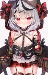 Rule 34 | 1girl, absurdres, animal hood, bare shoulders, black choker, black gloves, black jacket, blouse, breasts, camisole, choker, female focus, fingerless gloves, frilled shirt, frills, frown, garter straps, gloves, grey hair, hair ornament, highres, hololive, holox, hood, jacket, long sleeves, looking at viewer, medium breasts, miniskirt, multicolored hair, off shoulder, open clothes, open jacket, orca hood, plaid, plaid skirt, pleated skirt, red eyes, red skirt, sakamata chloe, sakamata chloe (1st costume), shirt, short hair, shouu-kun, skirt, sleeveless, sleeveless shirt, solo, spaghetti strap, streaked hair, thighhighs, virtual youtuber, white shirt, x hair ornament, zettai ryouiki