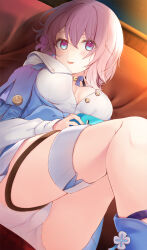 Rule 34 | 1girl, :p, black choker, blue bow, blue eyes, blue footwear, blue jacket, blue skirt, bow, breasts, choker, commentary, dutch angle, fingernails, hair between eyes, highres, holding, honkai: star rail, honkai (series), jacket, komone ushio, light blush, long sleeves, looking at viewer, march 7th (honkai: star rail), medium breasts, open clothes, open shirt, panties, pantyshot, partially unbuttoned, pink eyes, pink hair, shirt, short hair, sitting, skirt, smile, solo, thigh strap, tied jacket, tongue, tongue out, two-tone eyes, underwear, upskirt, white panties, white shirt