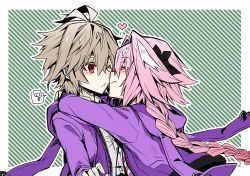 Rule 34 | 2boys, :t, ?, ahoge, animal ears, arms around neck, astolfo (fate), astolfo (memories at trifas) (fate), black bow, black ribbon, blush, bow, braid, brown hair, commentary request, crossdressing, closed eyes, fate/apocrypha, fate (series), hair intakes, hair ribbon, haoro, heart, hood, hoodie, hug, long braid, male focus, multicolored hair, multiple boys, noses touching, official alternate costume, one eye closed, pink hair, purple hoodie, rabbit ears, red eyes, ribbon, shirt, sieg (fate), single braid, speech bubble, streaked hair, striped, striped background, trap, white hair, white shirt, yaoi