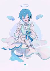 Rule 34 | 1boy, angel wings, blue eyes, blue hair, blue halo, blue wings, clover, collar, detached wings, double finger heart, english text, finger heart, frilled collar, frills, gloves, halo, headset, jacket, kaito (vocaloid), male focus, mo chi ro, one eye closed, pants, project sekai, short hair, simple background, smile, solo, vocaloid, white gloves, white jacket, white pants, wings