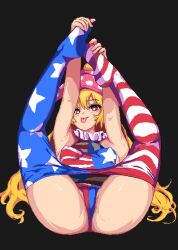 Rule 34 | 1girl, american flag, american flag dress, american flag legwear, armpits, black background, blonde hair, blush, breasts, bright pupils, closed mouth, clownpiece, covered erect nipples, dress, frilled shirt collar, frills, full body, hat, jester cap, legs up, long hair, looking at viewer, medium breasts, neck ruff, panties, pantyhose, polka dot, puck100ml, red eyes, revision, simple background, smile, solo, spread legs, star (symbol), touhou, underwear, very long hair, white pupils