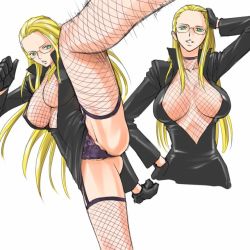 Rule 34 | 1girl, black panties, breasts, fishnet top, fishnets, glasses, high kick, kalifa (one piece), kicking, large breasts, mosha, one piece, panties, pantyshot, revealing clothes, thighhighs, underwear