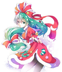 Rule 34 | 1girl, bow, clothes lift, dress, dress lift, fur-trimmed dress, fur trim, green eyes, green hair, hair bow, highres, ichizen (o tori), kagiyama hina, lifted by self, looking at viewer, looking back, red bow, red dress, santa dress, smile, solo, star (symbol), touhou, white background