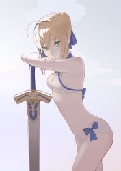 Rule 34 | 1girl, absurdres, ahoge, artoria pendragon (all), artoria pendragon (fate), artoria pendragon (swimsuit archer) (fate), artoria pendragon (swimsuit archer) (first ascension) (fate), bikini, blonde hair, blue bow, blue ribbon, blush, bow, breasts, excalibur (fate/stay night), fate/grand order, fate (series), gaegoni, green eyes, hair between eyes, hair ribbon, highres, looking at viewer, navel, ribbon, saber (fate), short hair, small breasts, swimsuit, white bikini