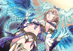 Rule 34 | 1girl, abs, artist name, blonde hair, blue bow, blue eyes, blue ribbon, blue wings, bow, bra, bridal gauntlets, claws, commentary, cowboy shot, detached sleeves, dutch angle, english commentary, english text, fleur-de-lis, frilled sleeves, frills, from below, frown, garter belt, glowing, glowing eyes, gold trim, gradient background, groin, hair bow, horns, jewelry, leaning back, lingerie, magic: the gathering, mole, mole under eye, navel, necklace, panties, pelvic curtain, personification, ribbon, shadow, shinbross, short hair, sidelocks, signature, solo, strapless, strapless bra, thighhighs, ugin, underwear, watermark, white bra, white panties, white thighhighs, wings