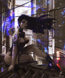 Rule 34 | 1girl, alternate costume, architecture, aura, bad id, bad pixiv id, bare shoulders, black footwear, black hair, blue eyes, breasts, building, cleavage, commentary request, east asian architecture, large breasts, long hair, marvel, parted lips, psylocke, rooftop, sitting, sky, skyscraper, solo, tatti art, tattoo, x-men