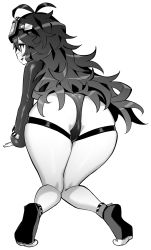 Rule 34 | 1girl, all fours, antenna hair, ass, azur lane, blush, from behind, goggles, goggles on head, greyscale, highres, hori (hori no su), huge ass, long hair, messy hair, monochrome, open mouth, simple background, smile, socks, solo, torricelli (azur lane), white background, wide hips