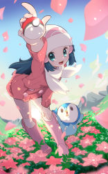 Rule 34 | 1girl, arm up, beanie, black eyes, blue eyes, blue hair, blue skyy, blush, boots, chorimokki, cloud, coat, creatures (company), dawn (pokemon), day, female focus, field, flower, flower field, full body, game freak, gen 4 pokemon, hair ornament, hairclip, hand on own knee, happy, hat, holding, holding poke ball, knee boots, kneehighs, light blush, long hair, long sleeves, looking at viewer, mountain, nintendo, open mouth, outdoors, outstretched arm, petals, pink coat, pink flower, pink footwear, piplup, poke ball, poke ball (basic), poke ball symbol, poke ball theme, pokemon, pokemon (creature), pokemon dppt, pokemon platinum, smile, socks, standing, teeth, white hat, white socks