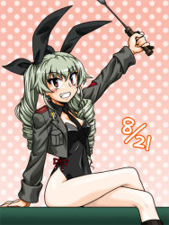 Rule 34 | 10s, 1girl, anchovy (girls und panzer), arm support, black leotard, bunny day, crossed legs, dated, detached collar, drill hair, girls und panzer, green hair, grey jacket, grin, hair ribbon, holding, holding riding crop, jacket, leotard, long hair, looking at viewer, military, military uniform, necktie, oosaka kanagawa, pink background, playboy bunny, polka dot, polka dot background, ribbon, riding crop, side-tie leotard, sitting, smile, solo, strapless, strapless leotard, twin drills, twintails, uniform