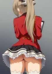 Rule 34 | 1girl, aiguillette, amagi brilliant park, ass, bow, brown hair, clipboard, commentary request, frills, from behind, hair bow, hair intakes, hara (harayutaka), highres, holding, holding clipboard, jacket, long hair, military jacket, no panties, ponytail, red jacket, sento isuzu, skirt, solo, upskirt, white legwear