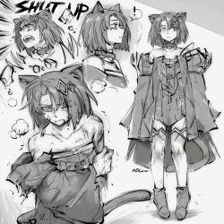 Rule 34 | !, 1girl, animal ears, arknights, bare shoulders, blood, boots, cat ears, cat tail, choker, commentary, dlanon, dress, greyscale, hair ornament, long sleeves, mandragora (arknights), monochrome, multiple views, off-shoulder dress, off shoulder, one eye closed, profile, short hair, spoken exclamation mark, standing, tail