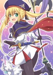 Rule 34 | 1girl, artoria caster (fate), artoria caster (second ascension) (fate), artoria pendragon (fate), beret, black gloves, black pantyhose, blonde hair, blue cape, blue footwear, blue hat, bright pupils, cape, commentary, dress, fate/grand order, fate (series), fou (fate), from behind, gloves, greece, hat, highres, holding, holding staff, leg up, long hair, long sleeves, looking at viewer, looking back, open mouth, outline, pantyhose, pleated dress, red cape, shimouki izui, shoes, short dress, short sword, smile, solo, sparkle, staff, standing, standing on one leg, sword, twintails, two-sided cape, two-sided fabric, weapon, white dress, white outline, white pupils