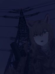 1girl animal_ears battle_rifle black_gloves brown_coat brown_hair coat fang gloves gun hair_between_eyes highres holding holding_gun holding_weapon imponte1232 korean_commentary long_sleeves looking_at_viewer m14 medium_hair open_mouth original outdoors pouch rifle skin_fang sky solo transmission_tower twilight upper_body weapon yellow_eyes