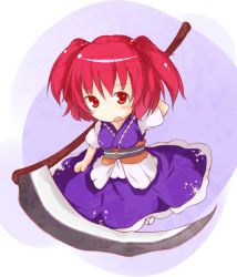 Rule 34 | 1girl, chibi, fal maro, female focus, full body, gradient background, hair bobbles, hair ornament, onozuka komachi, red eyes, scythe, solo, touhou, twintails, two side up, white background