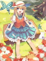 Rule 34 | 1girl, :d, bad id, bad pixiv id, barefoot, blonde hair, blue eyes, bow, bowtie, bug, butterfly, casual, feet, flower, frilled skirt, frills, grass, hat, insect, letter, long hair, miya (tokumei), open mouth, original, revision, shoes, unworn shoes, sitting, skirt, smile, solo, suitcase, sun hat, vest