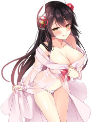 Rule 34 | 1girl, :q, azur lane, black hair, blush, breasts, cleavage, collarbone, commentary request, flower, hair flower, hair ornament, half-closed eyes, hiei (azur lane), hiei (moonlit cruise) (azur lane), horns, ikura nagisa, large breasts, leaning forward, lifted by self, long hair, long sleeves, looking at viewer, naughty face, nightgown, nightgown lift, panties, revision, see-through, sidelocks, simple background, smile, solo, thighs, tongue, tongue out, underwear, white background, white panties, yellow eyes